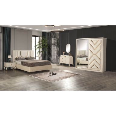 Dormitor Mineli, alb, pat 160 x 200 cm, dulap cu 2 usi, 2 noptiere, comoda