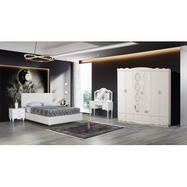 Dormitor Ada, alb, pat 160 x 200 cm, dulap cu 6 usi, 2 noptiere, comoda