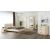 Dormitor Solano, alb, dulap 120 cm, pat cu tablie tapitata crem 160×200 cm, 2 noptiere, comoda
