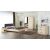 Dormitor Solano, alb, dulap 150 cm, pat cu tablie tapitata gri 140×200 cm, 2 noptiere, comoda