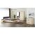 Dormitor Solano, alb, dulap 183 cm, pat cu tablie tapitata gri 160×200 cm, 2 noptiere, comoda