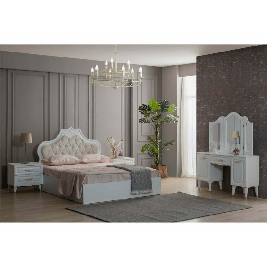 Dormitor Akasya, alb/crem, mdf/pal, pat 180×200, dulap cu 6 usi, 2 comode, 2 noptiere
