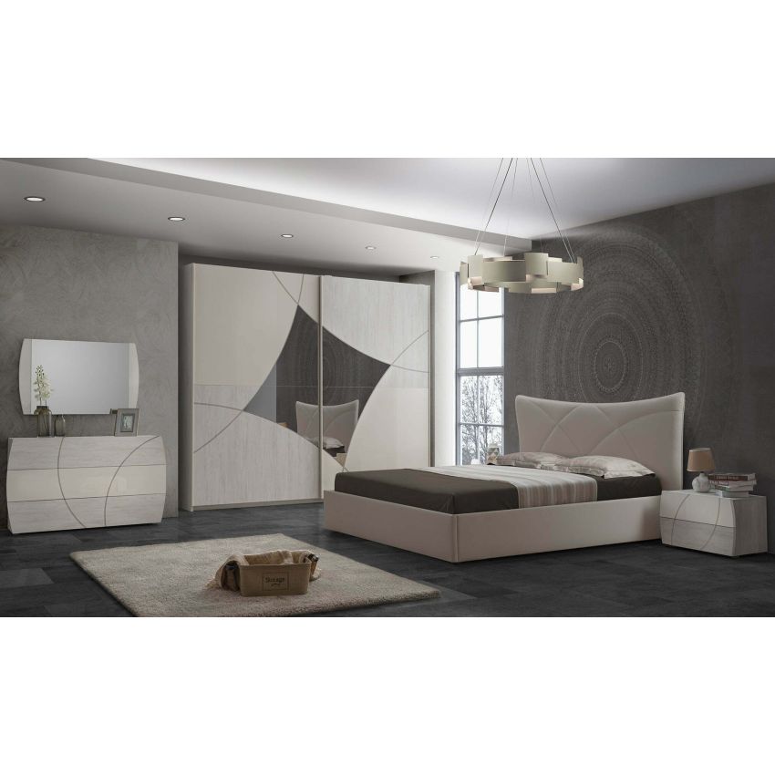 Dormitor atom, bej/gri, pat 160x190 cm, dulap cu 2 usi culisante, comoda, 2 noptiere
