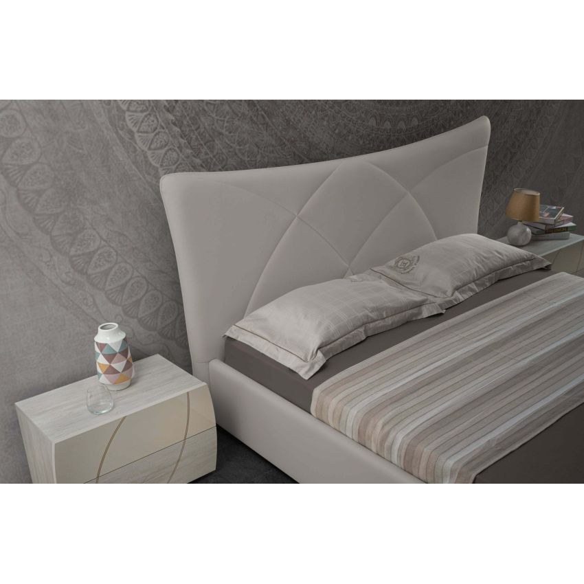 Dormitor atom, bej/gri, pat 160x190 cm, dulap cu 2 usi culisante, comoda, 2 noptiere