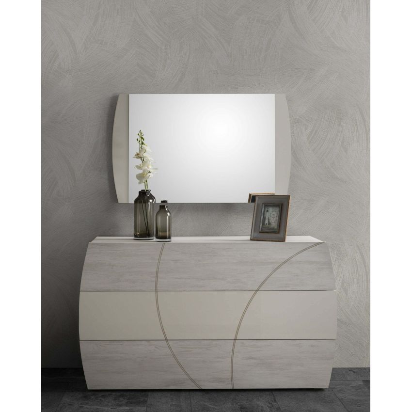 Dormitor atom, bej/gri, pat 160x190 cm, dulap cu 2 usi culisante, comoda, 2 noptiere