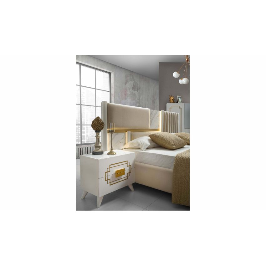 Dormitor beata, alb/auriu, pat 160x200, dulap cu 6 usi cu balamale, comoda, 2 noptiere