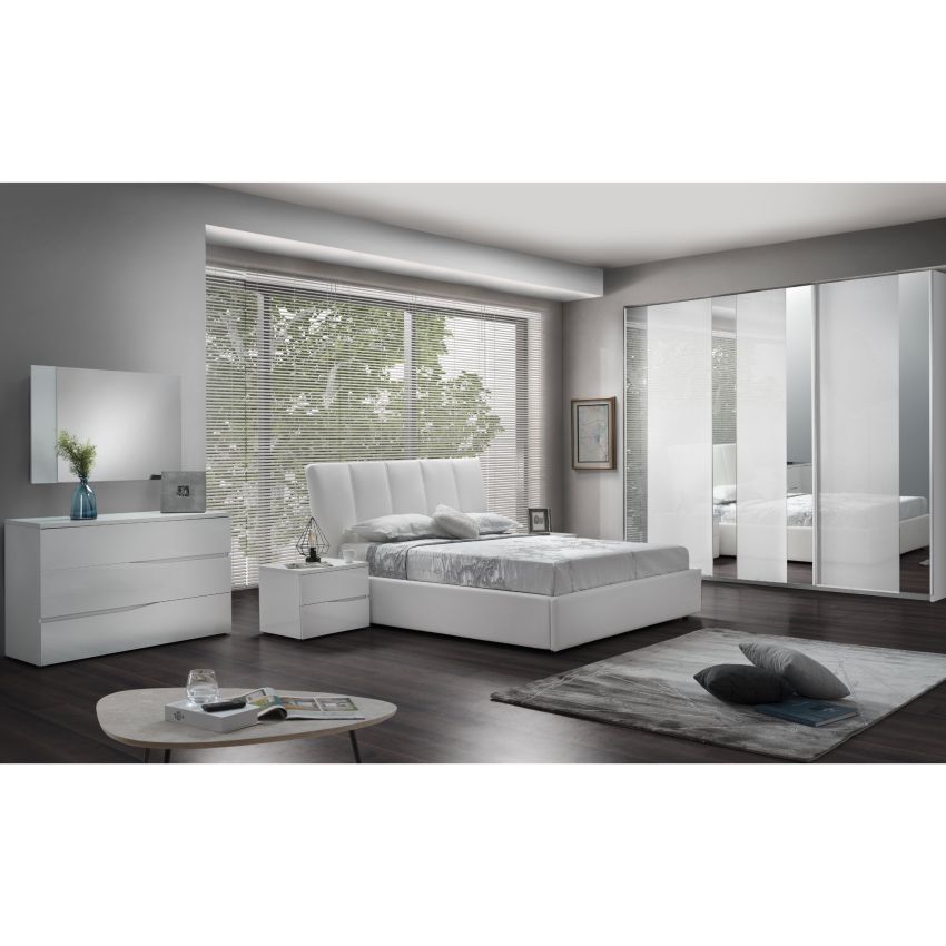 Dormitor elsa, alb, pat 160x190, dulap cu 3 usi culisante, 2 noptiere, comoda