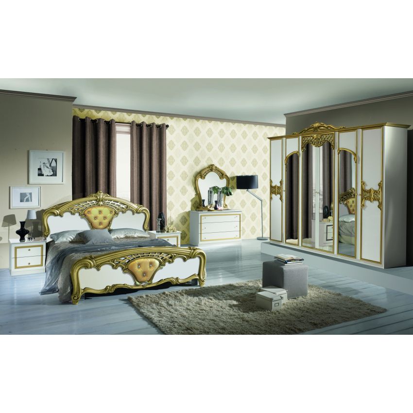 Dormitor eva bianco, alb/auriu, pat 160x200 cm, dulap cu 6 usi, comoda, 2 noptiere