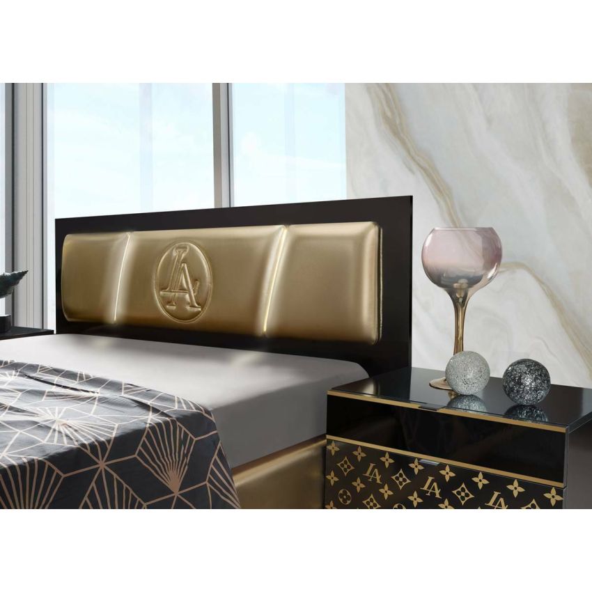 Dormitor glamour, negru/auriu, pat 160x200, dulp cu 2 usi culisante, comoda, 2 noptiere