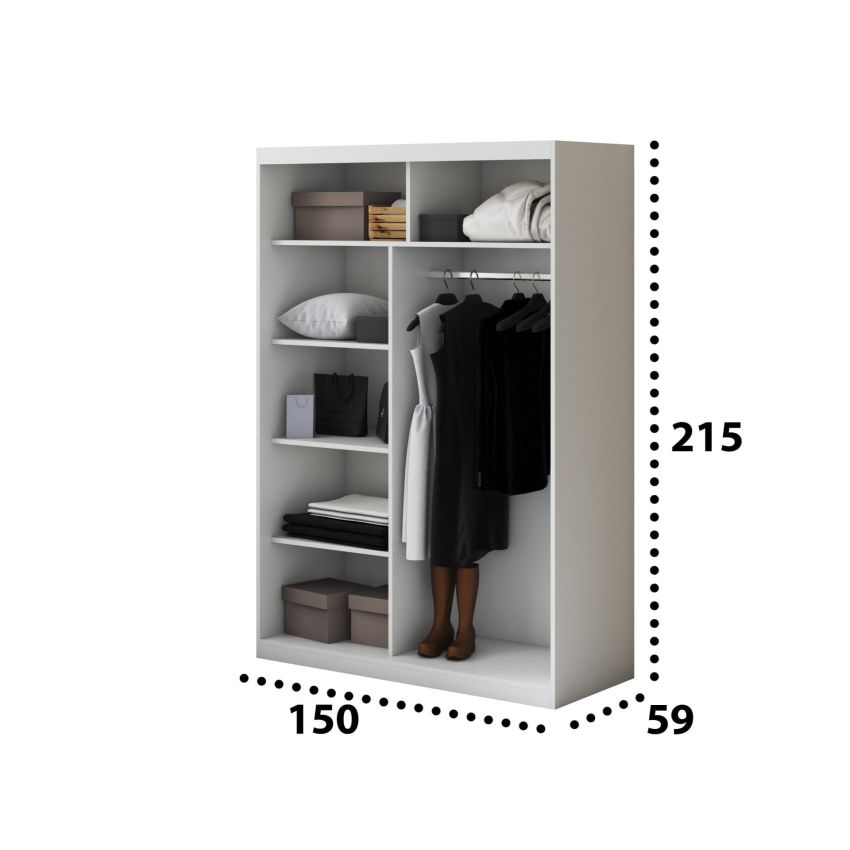 Set dormitor Atena, alb, dulap 150 cm, pat 160x200 cm, 2 noptiere, comoda