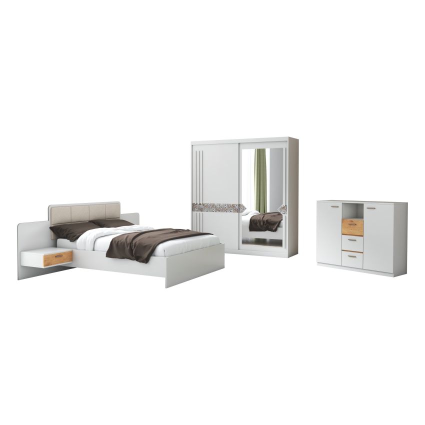 Set dormitor atena, alb, dulap 200 cm, pat 160x200 cm, 2 noptiere, comoda
