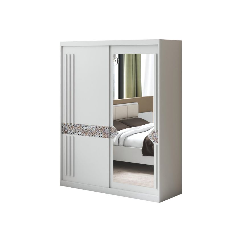 Set dormitor atena, alb, dulap 200 cm, pat 160x200 cm, 2 noptiere, comoda