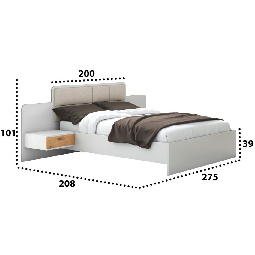 Set dormitor effect, alb, dulap 200 cm, pat 160x200 cm, 2 noptiere, comoda
