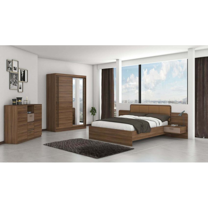 Set dormitor effect, nuc, dulap 150 cm, pat 160x200 cm, 2 noptiere, comoda