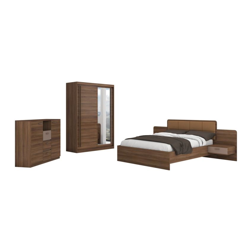 Set dormitor effect, nuc, dulap 150 cm, pat 160x200 cm, 2 noptiere, comoda