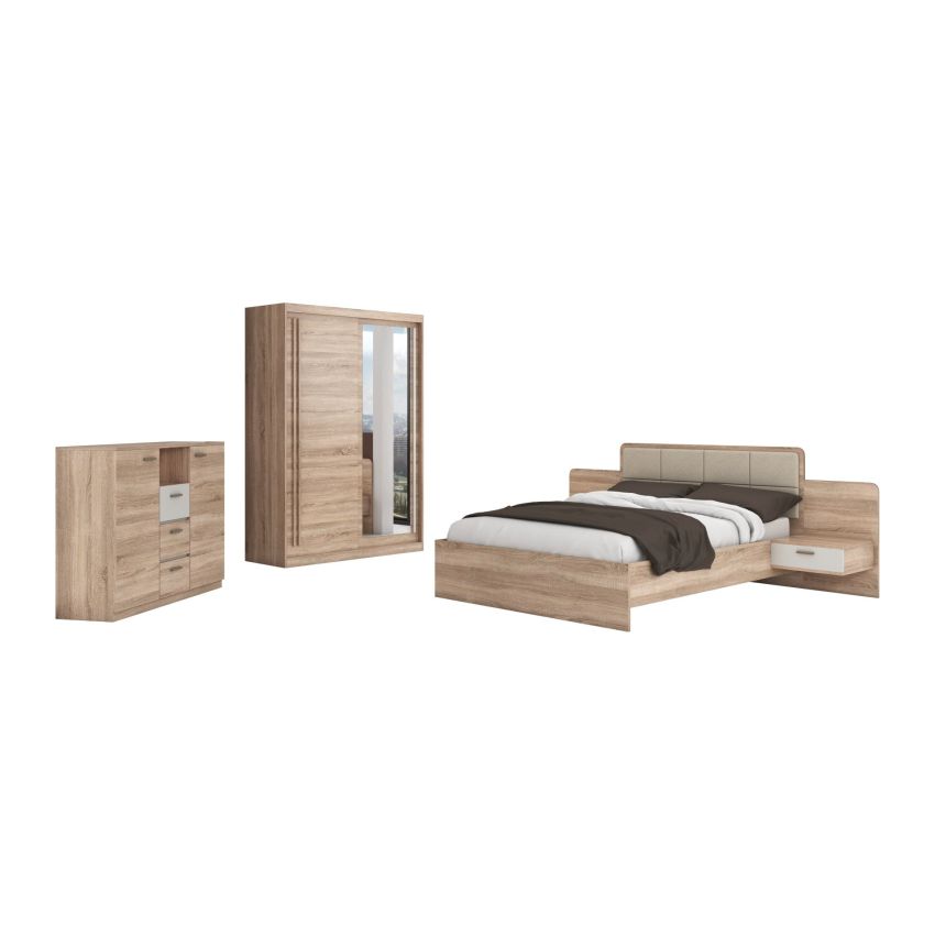 Set dormitor effect, sonoma, dulap 150 cm, pat 160x200 cm, 2 noptiere, comoda