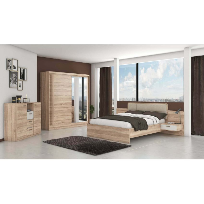 Set dormitor effect, sonoma, dulap 200 cm, pat 160x200 cm, 2 noptiere, comoda