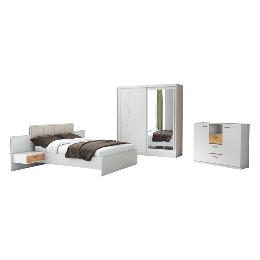 Set dormitor tokyo, alb, dulap 200 cm, pat 160x200 cm, 2 noptiere, comoda