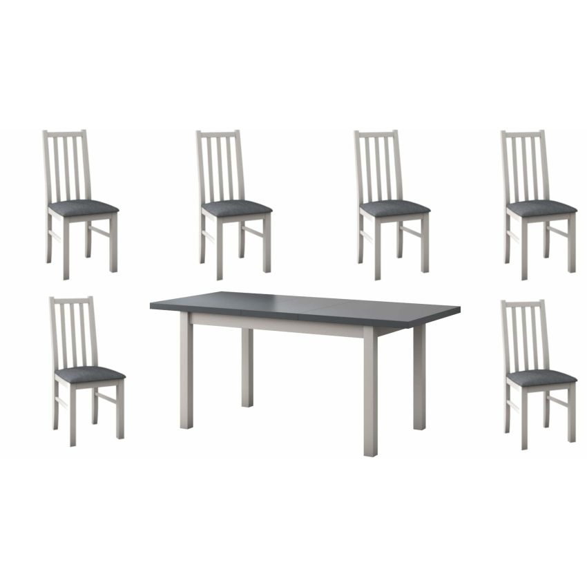 Set masa extensibila 140x180cm cu 6 scaune tapitate, mb-21 modena1 si s-38 boss10 b11, alb/grafit, lemn masiv de fag, stofa