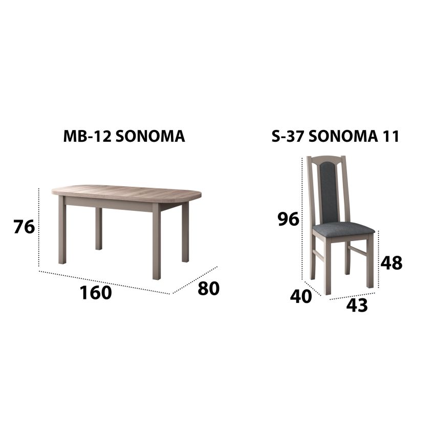 Set masa extensibila 160x200cm cu 4 scaune tapitate, mb-12 venus1 si s-37 boss7 s11, sonoma, lemn masiv de fag, stofa