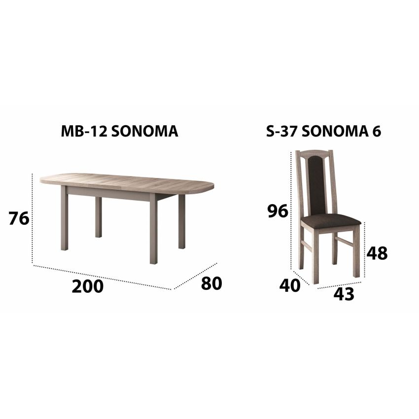Set masa extensibila 160x200cm cu 4 scaune tapitate, mb-12 venus1 si s-37 boss7 s6, sonoma, lemn masiv de fag, stofa