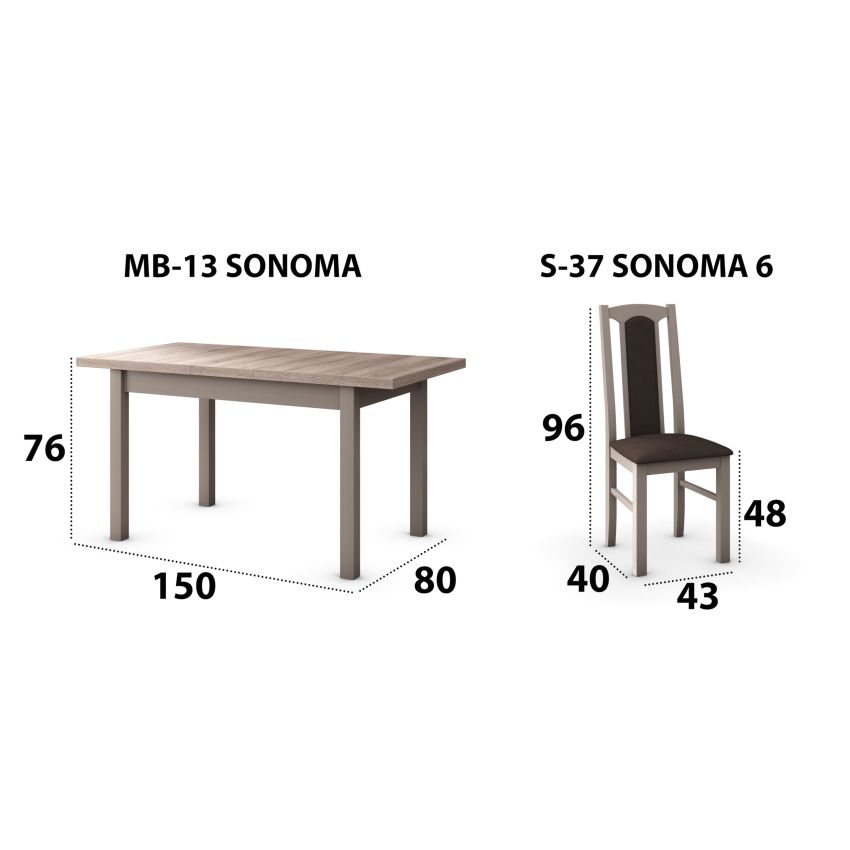 Set masa extensibila 120x150cm cu 4 scaune tapitate, mb-13 max5 si s-37 boss7 s6, sonoma, lemn masiv de fag, stofa