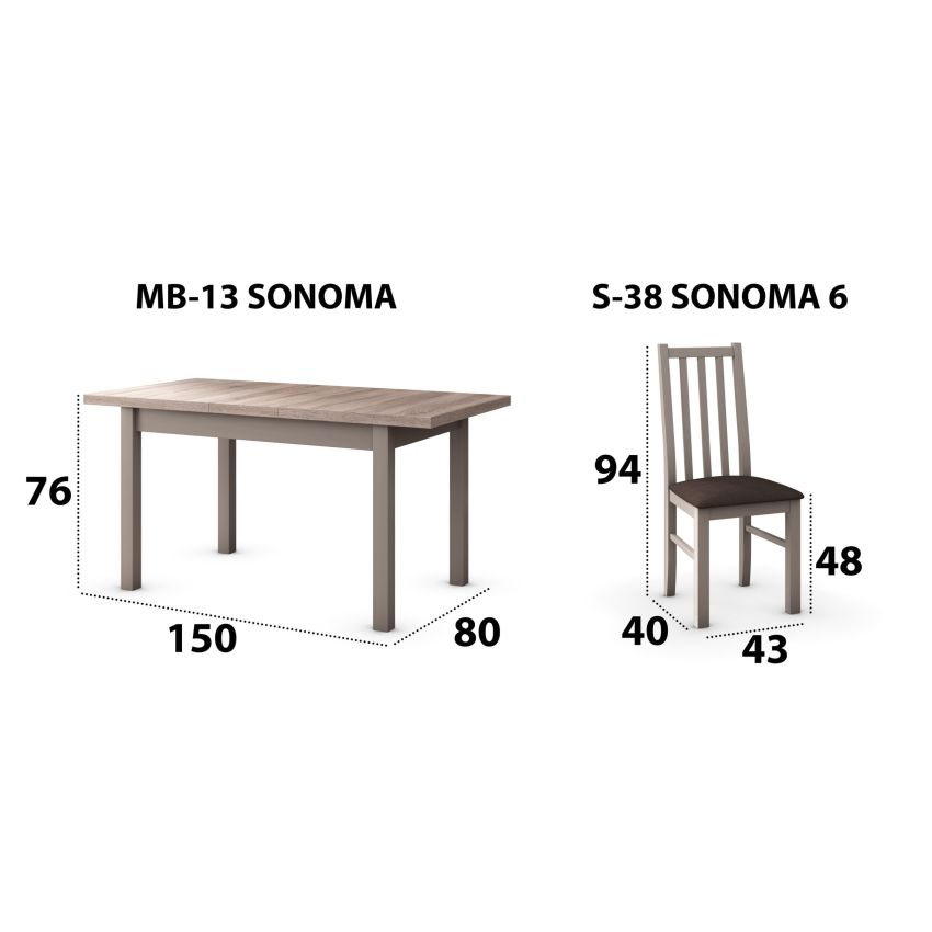 Set masa extensibila 120x150cm cu 4 scaune tapitate, mb-13 max5 si s-38 boss10 s6, sonoma, lemn masiv de fag, stofa