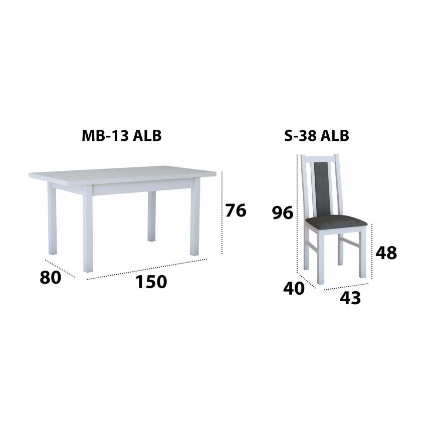 Set masa extensibila 120x150cm cu 4 scaune tapitate, mb-13 max5 si s-38 boss14 b24z, alb, lemn masiv de fag, stofa