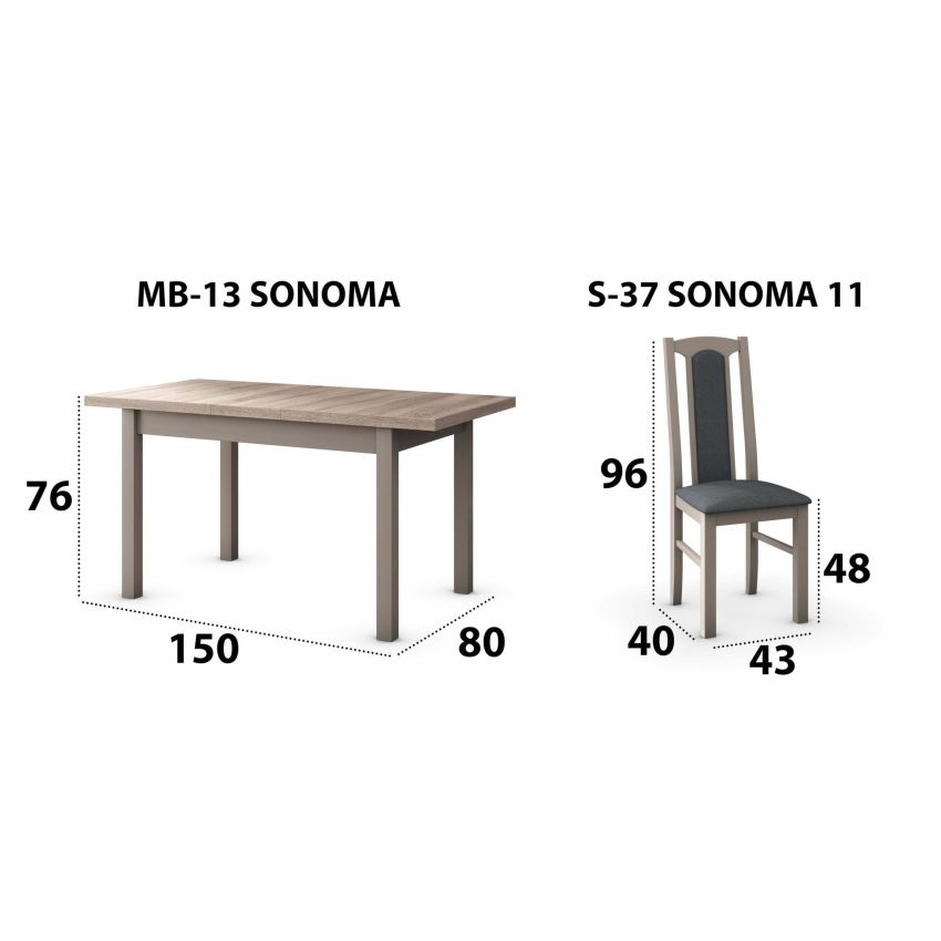 Set masa extensibila 120x150cm cu 6 scaune tapitate, mb-13 max5 si s-37 boss7 s11, sonoma, lemn masiv de fag, stofa