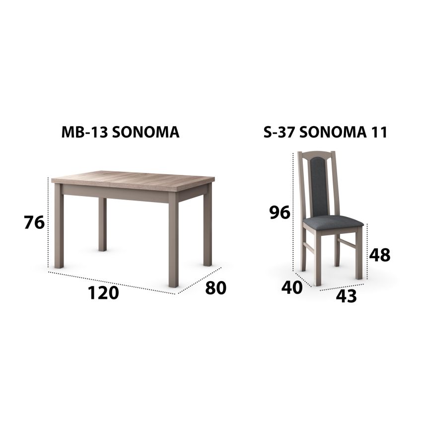 Set masa extensibila 120x150cm cu 6 scaune tapitate, mb-13 max5 si s-37 boss7 s11, sonoma, lemn masiv de fag, stofa