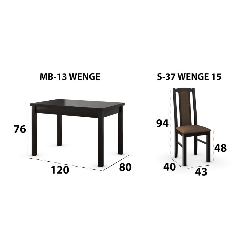 Set masa extensibila 120x150cm cu 6 scaune tapitate, mb-13 max5 si s-37 boss7 w15, wenge, lemn masiv, stofa