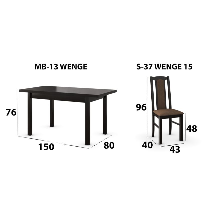 Set masa extensibila 120x150cm cu 6 scaune tapitate, mb-13 max5 si s-37 boss7 w15, wenge, lemn masiv, stofa