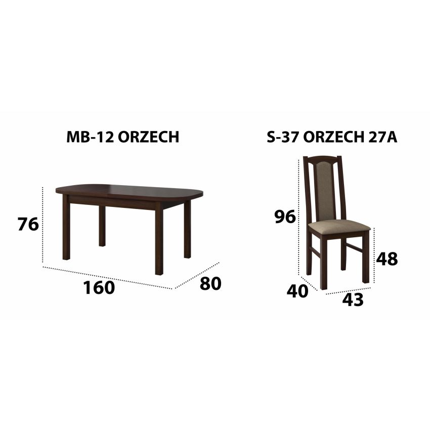 Set masa extensibila 160x200cm cu 4 scaune tapitate, mb-12 venus1 si s-37 boss7 o27a, nuc, lemn masiv de fag, stofa