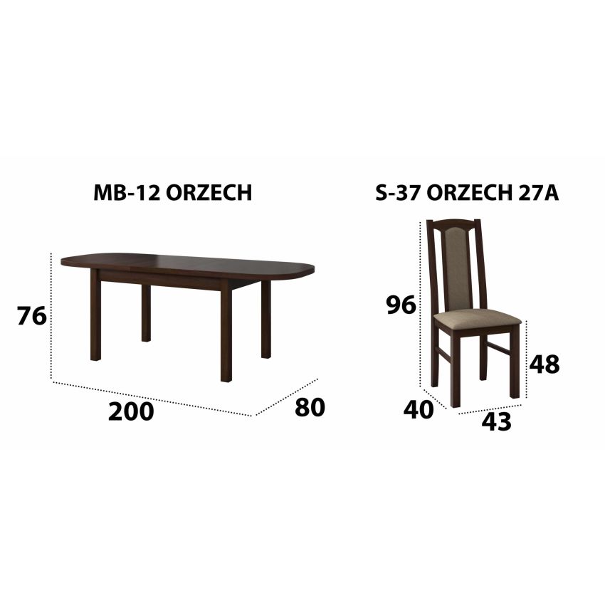 Set masa extensibila 160x200cm cu 4 scaune tapitate, mb-12 venus1 si s-37 boss7 o27a, nuc, lemn masiv de fag, stofa