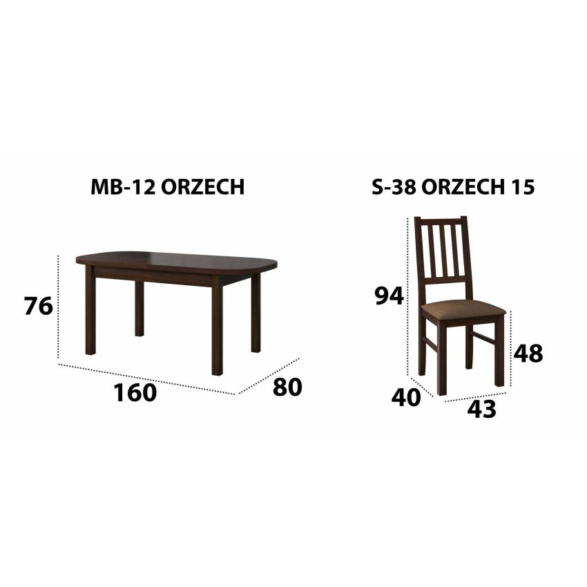 Set masa extensibila 160x200cm cu 4 scaune tapitate, mb-12 venus1 si s-38 boss4 o15, nuc, lemn masiv de fag, stofa
