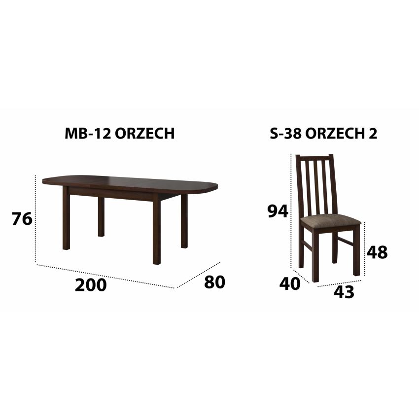 Set masa extensibila 160x200cm cu 6 scaune tapitate, mb-12 venus1 si s-38 boss10 o2, nuc, lemn masiv de fag, stofa
