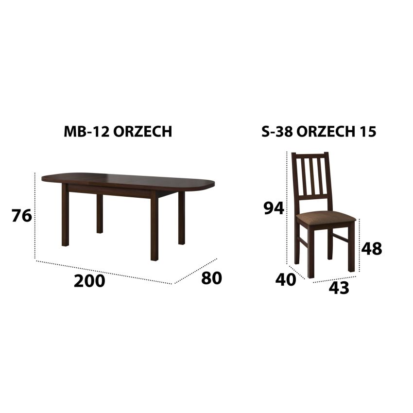 Set masa extensibila 160x200cm cu 6 scaune tapitate, mb-12 venus1 si s-38 boss4 o15, nuc, lemn masiv de fag, stofa