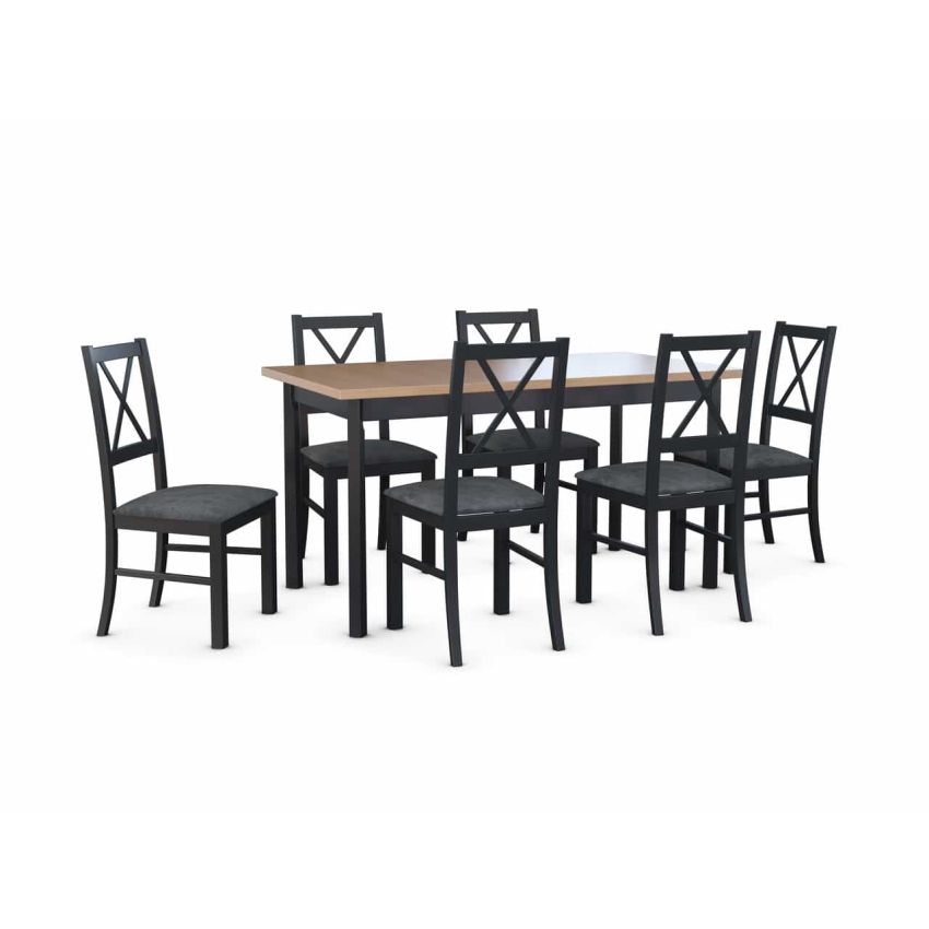 Set masa living max5p g/n cu 6 scaune nilo10 v20z, negru, extensibila 120/150 cm, lemn masiv de fag/stofa/pal