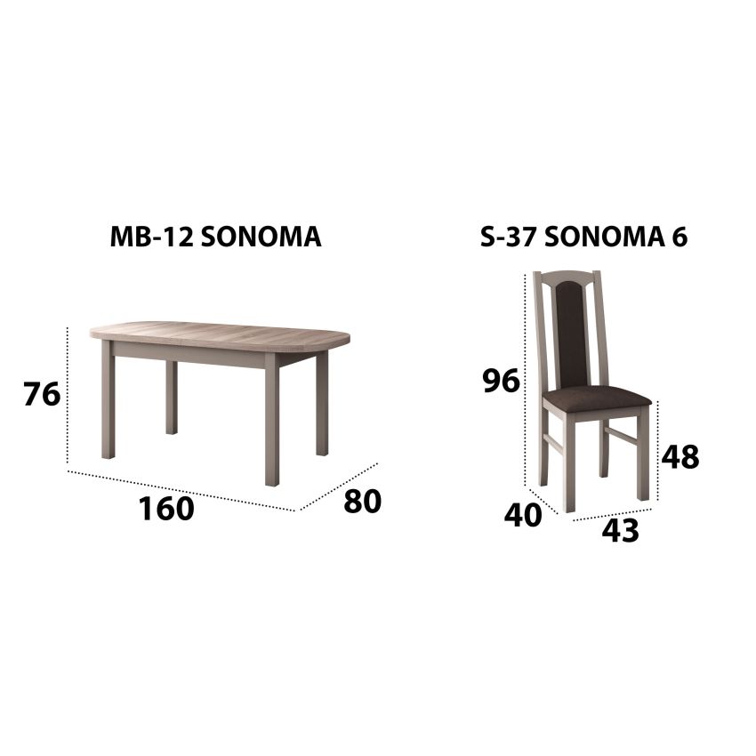 Set masa extensibila 160x200cm cu 6 scaune tapitate, mb-12 venus1 si s-37 boss7 s6, sonoma, lemn masiv de fag, stofa