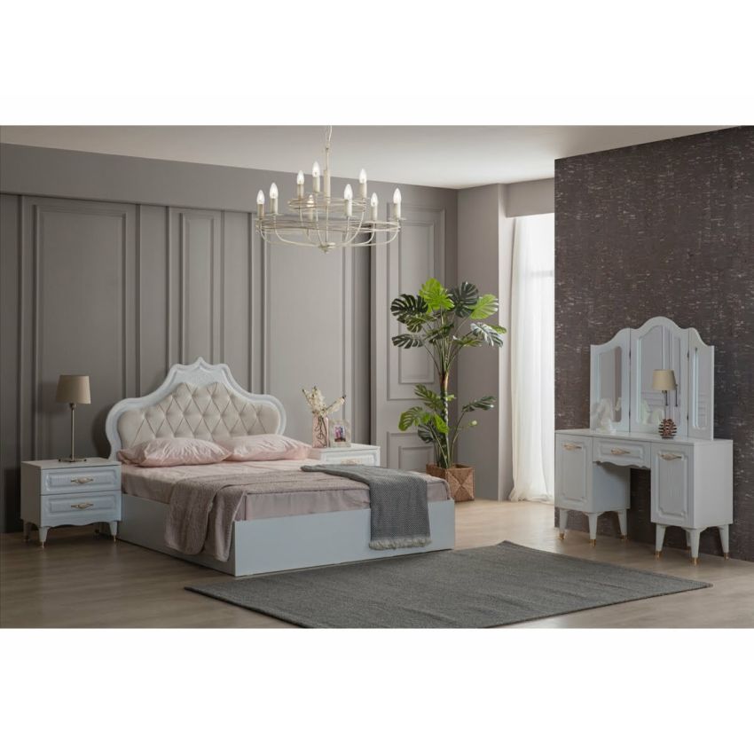Dormitor Akasya, alb/crem, mdf/pal, pat 160×200, dulap cu 6 usi, 2 comode, 2 noptiere