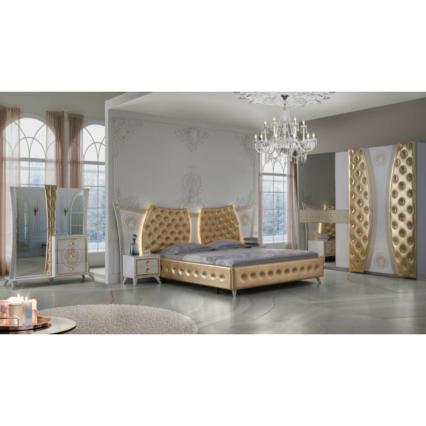 Dormitor delizia, alb/auriu, pat 160×200 cm, dulap cu 2 usi, comoda, 2 noptiere