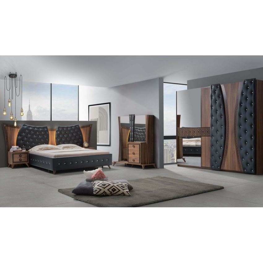 Dormitor delizia, maro/negru, pat 160×200 cm, dulap cu 2 usi, comoda, 2 noptiere