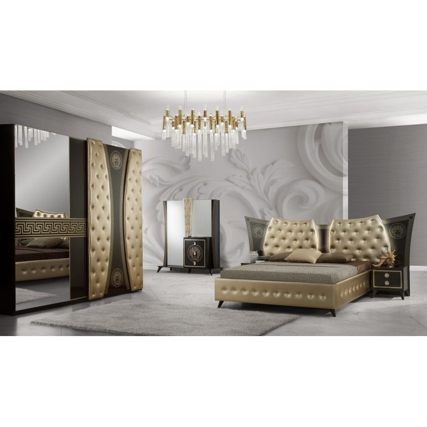 Dormitor delizia, negru/auriu, pat 160×200 cm, dulap cu 2 usi, comoda, 2 noptiere