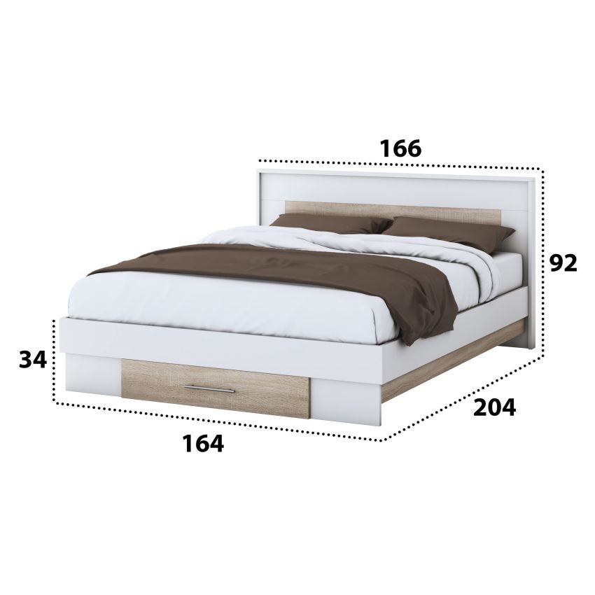 Set dormitor Beta, alb/sonoma, dulap 120 cm, pat 160x200 cm, 2 noptiere, comoda