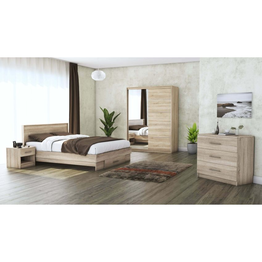 Set dormitor Beta, alb/sonoma, dulap 150 cm, pat 160x200 cm, 2 noptiere, comoda