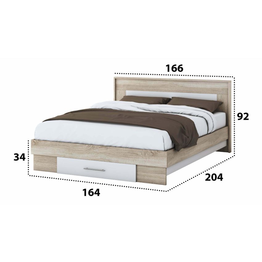 Set dormitor Beta, sonoma/alb, dulap 120 cm, pat 160x200 cm, 2 noptiere, comoda