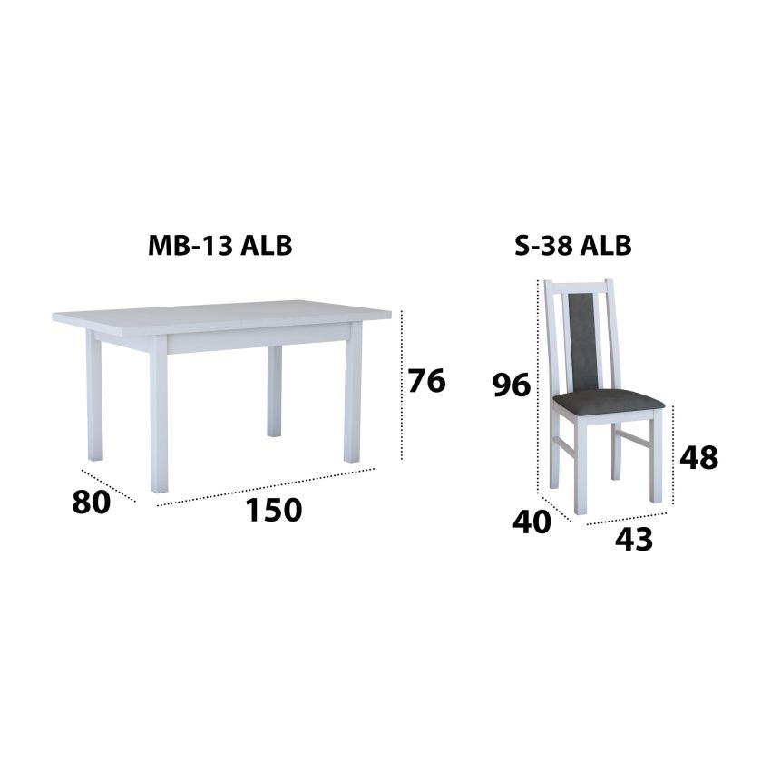 Set masa extensibila 120x150cm cu 6 scaune tapitate, mb-13 max5 si s-38 boss14 b24z, alb, lemn masiv de fag, stofa