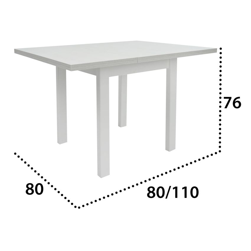 Masa living max7 b, bialy, extensibila 80/110x80x76 cm, lemn masiv de fag/pal