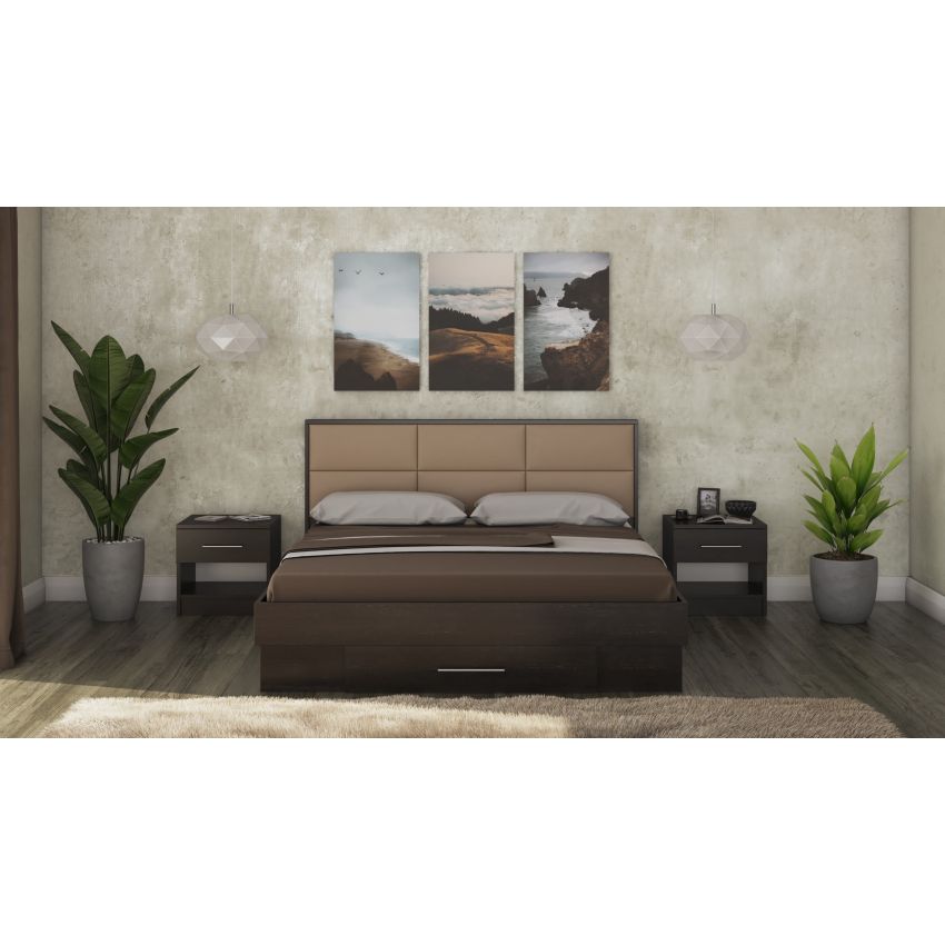 Pat solano alb cu noptiere si saltea, tablie tapitata camel, 160×200 cm