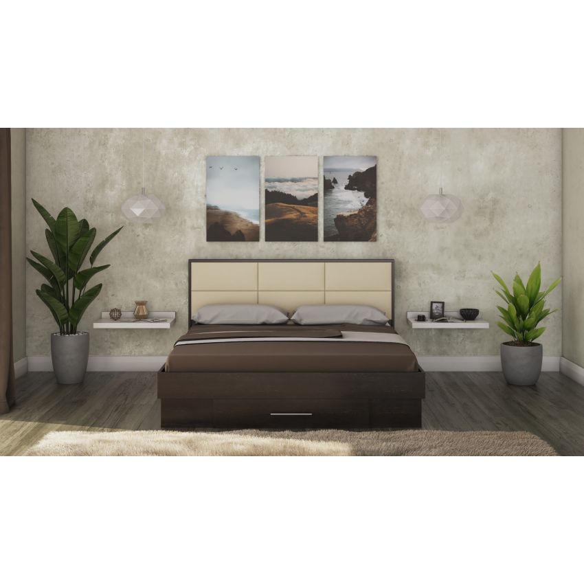 Pat solano sonoma cu noptiere si saltea, tablie tapitata camel, 140×200 cm